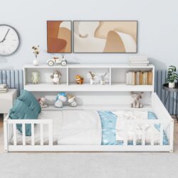 Full Floor Bed With Side Bookcase, Shelves, Guardrails - White