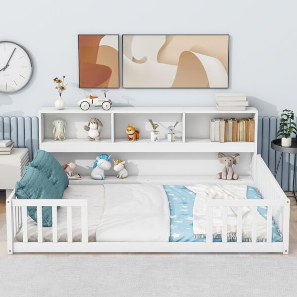 Full Floor Bed With Side Bookcase, Shelves, Guardrails - White