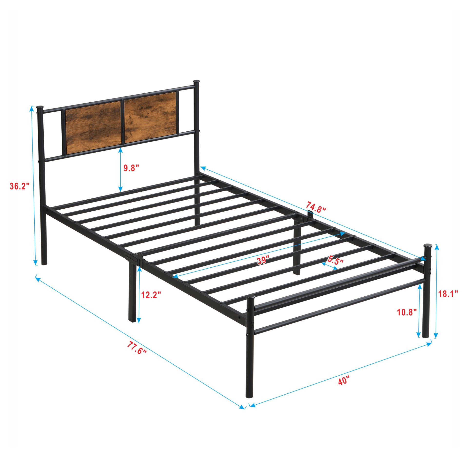 Modern Twin Size Metal Bedframe With Wood Panel Headboard - Black / Brown - Image 3