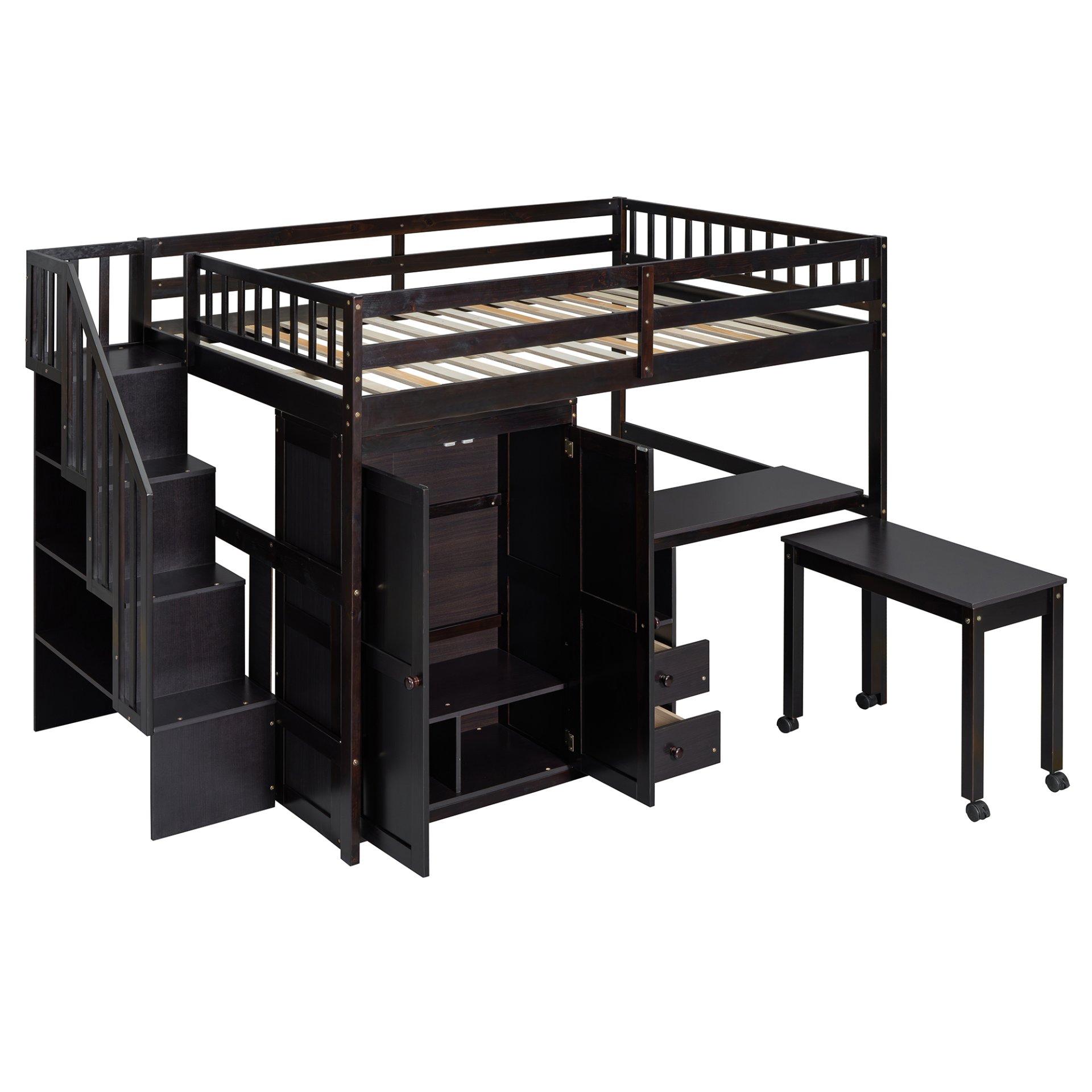 Full Size Loft Bed With Stairs, Bookshelf, Drawers, Desk & Wardrobe, Space Saving Multifunctional Furniture - Espresso - Image 6