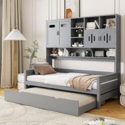 Twin Size Daybed With Twin Size Trundle, And All In One Cabinet And Shelf - Gray