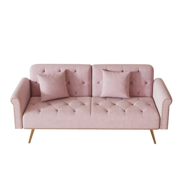 Velvet Sofa Bed With Nail Head Trim And Matching Throw Pillow - Pink
