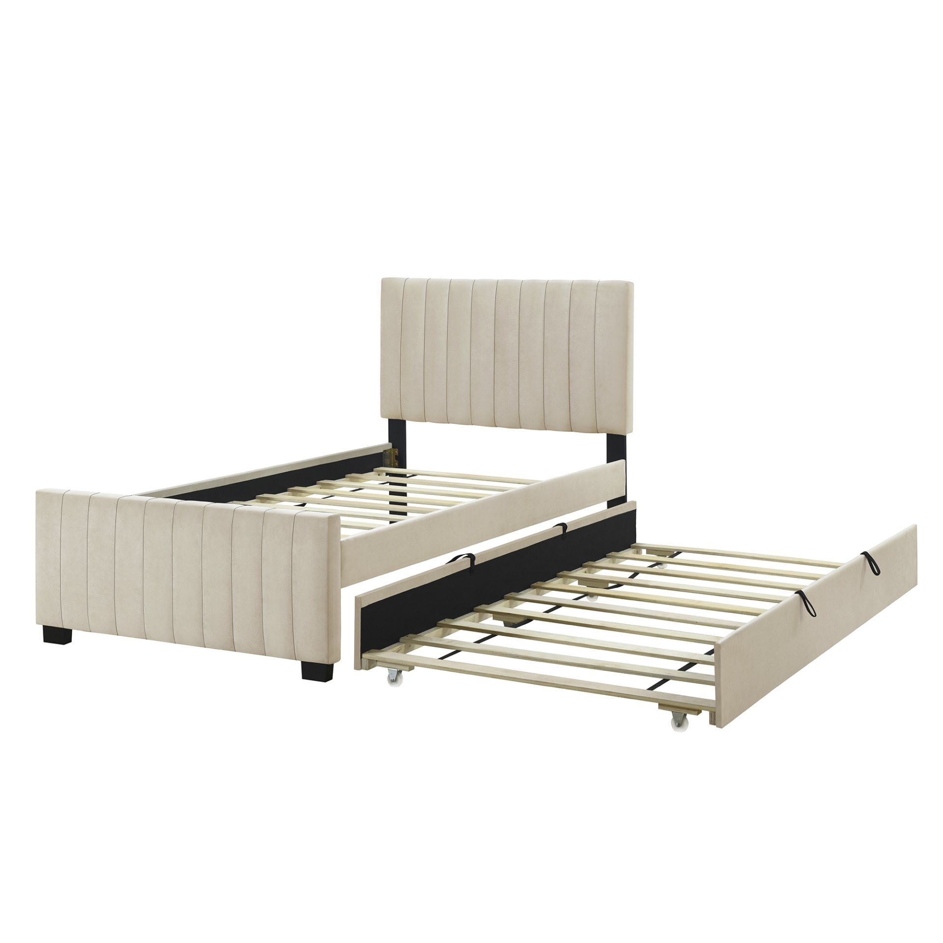 Twin Size Upholstered Platform Bed With Twin Size Trundle - Beige - Image 3