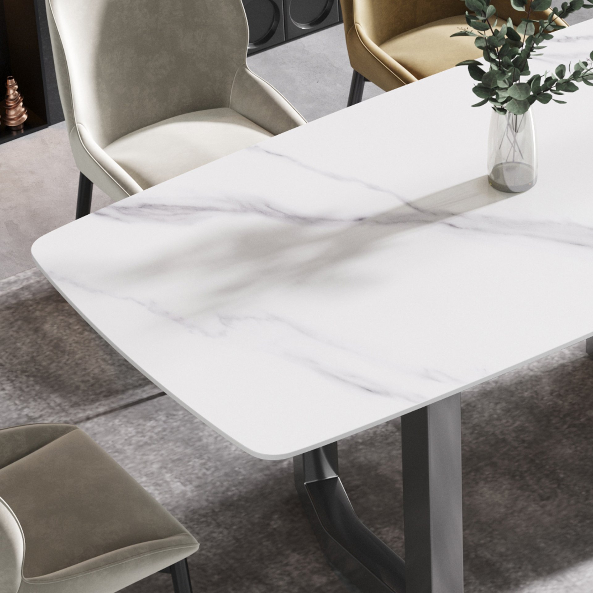 70.87" Modern Artificial Stone White Curved Black Metal Leg Dining Table - White / Black - Image 12