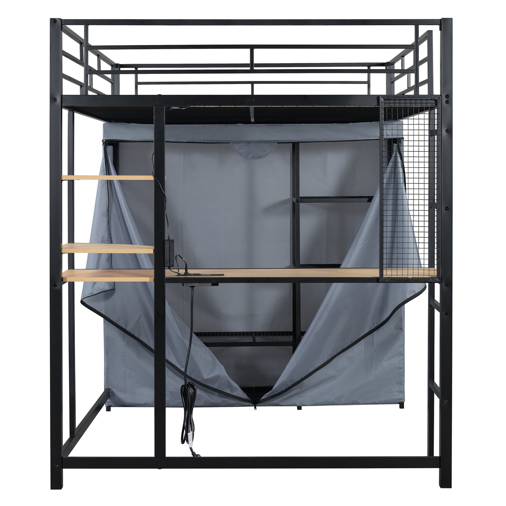 Full Size Loft Bed With Desk, Shelves, Power Outlet, LED Light And Wardrobe - Black - Image 11