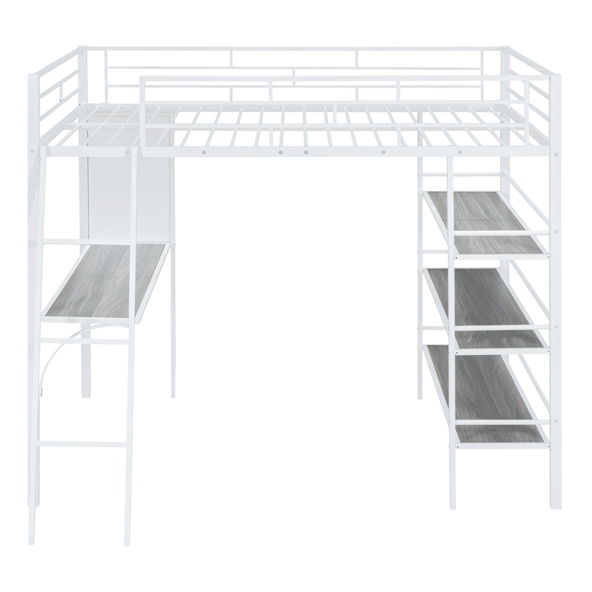 Full Size Loft Bed With 3 Layers Of Shelves And Desk, Stylish Frame Bed - White - Image 3