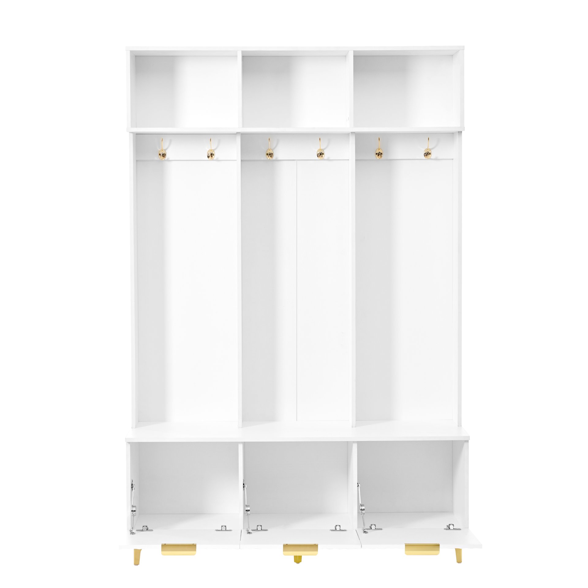 Modern Large Storage Hall Tree With Bench, Luxurious Coat Rack With 6 Hooks And Legs For Entryway, Living Room - White / Gold - Image 11