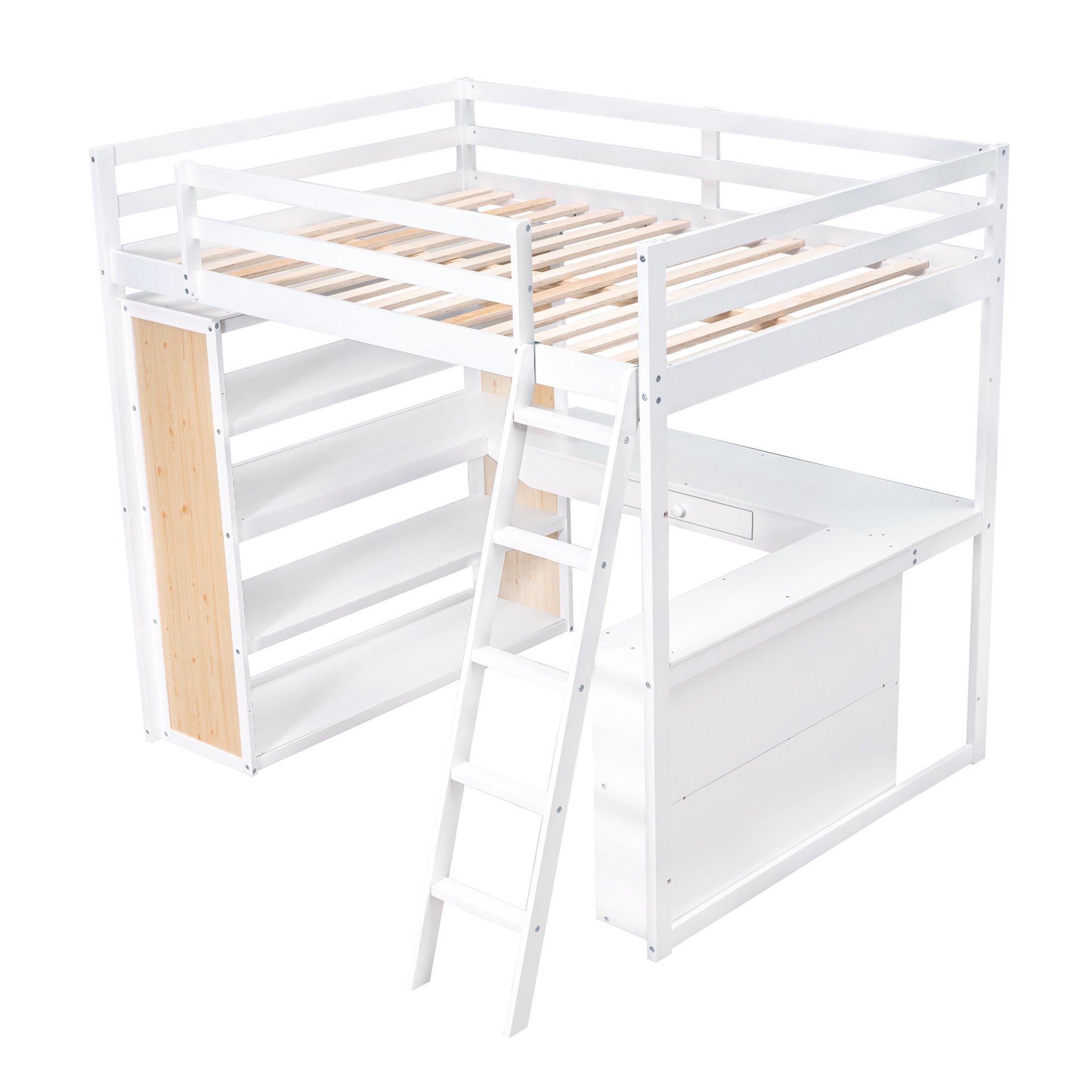 Full Size Loft Bed With Ladder, Shelves, And Desk - White - Image 5