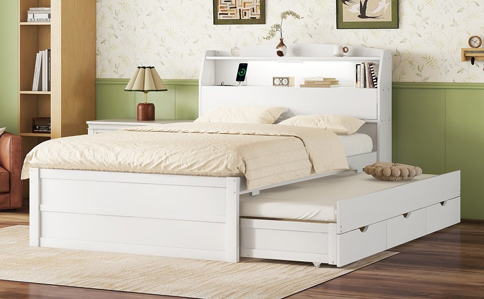 Full Size LED Platform Bed With Trundle With Storage Headboard With Drawers - White - Image 12