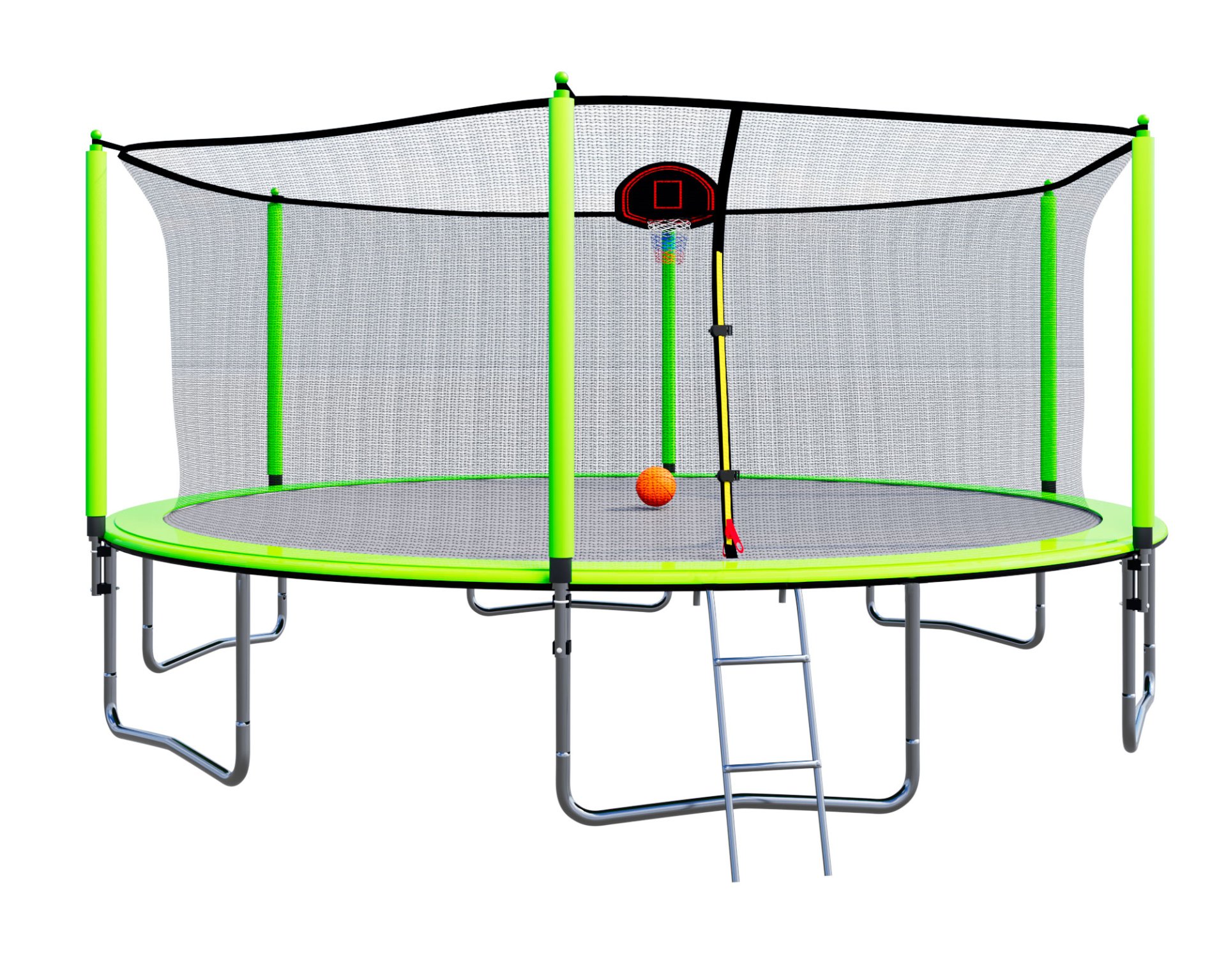 15Ft Trampoline With Basketball Hoop Inflator And Ladder (Inner Safety Enclosure) - Green - Image 9