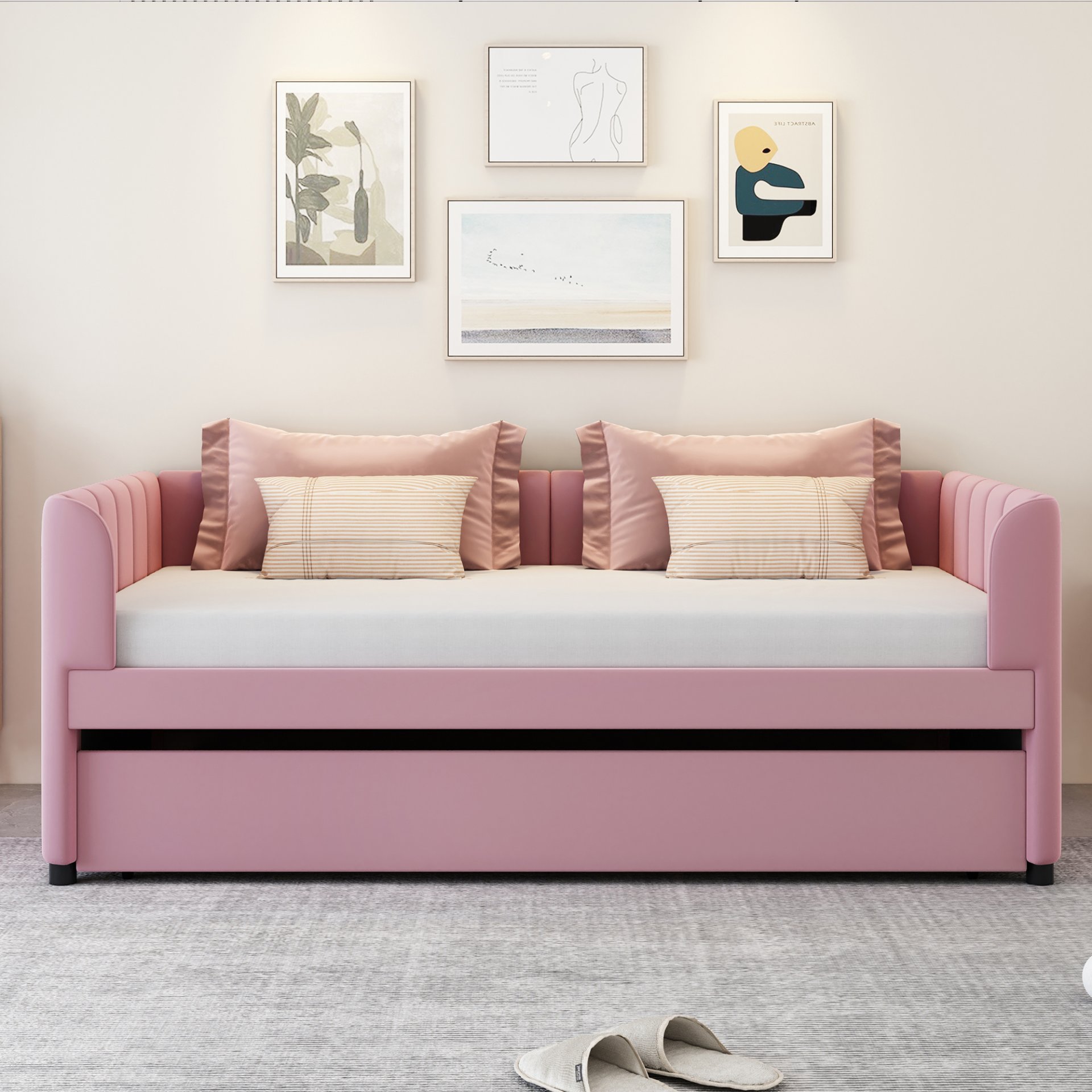 Twin Size Upholstered Daybed With Ergonomic Design Backrest And Trundle - Pink - Image 2