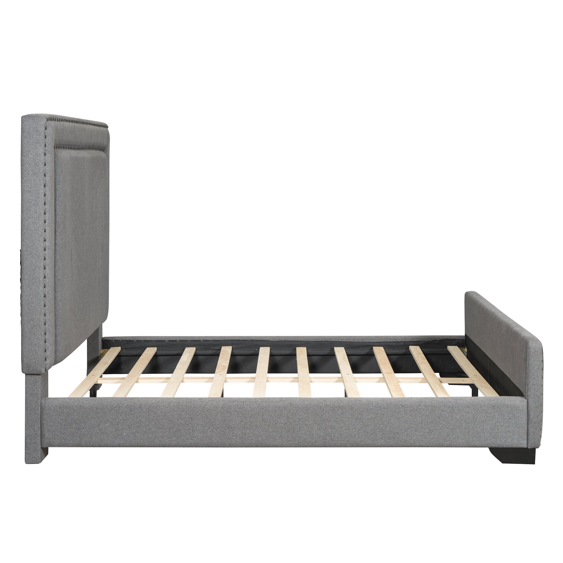 Queen Size Upholstered Bed With Slats Support, No Box Spring Needed - Gray - Image 5