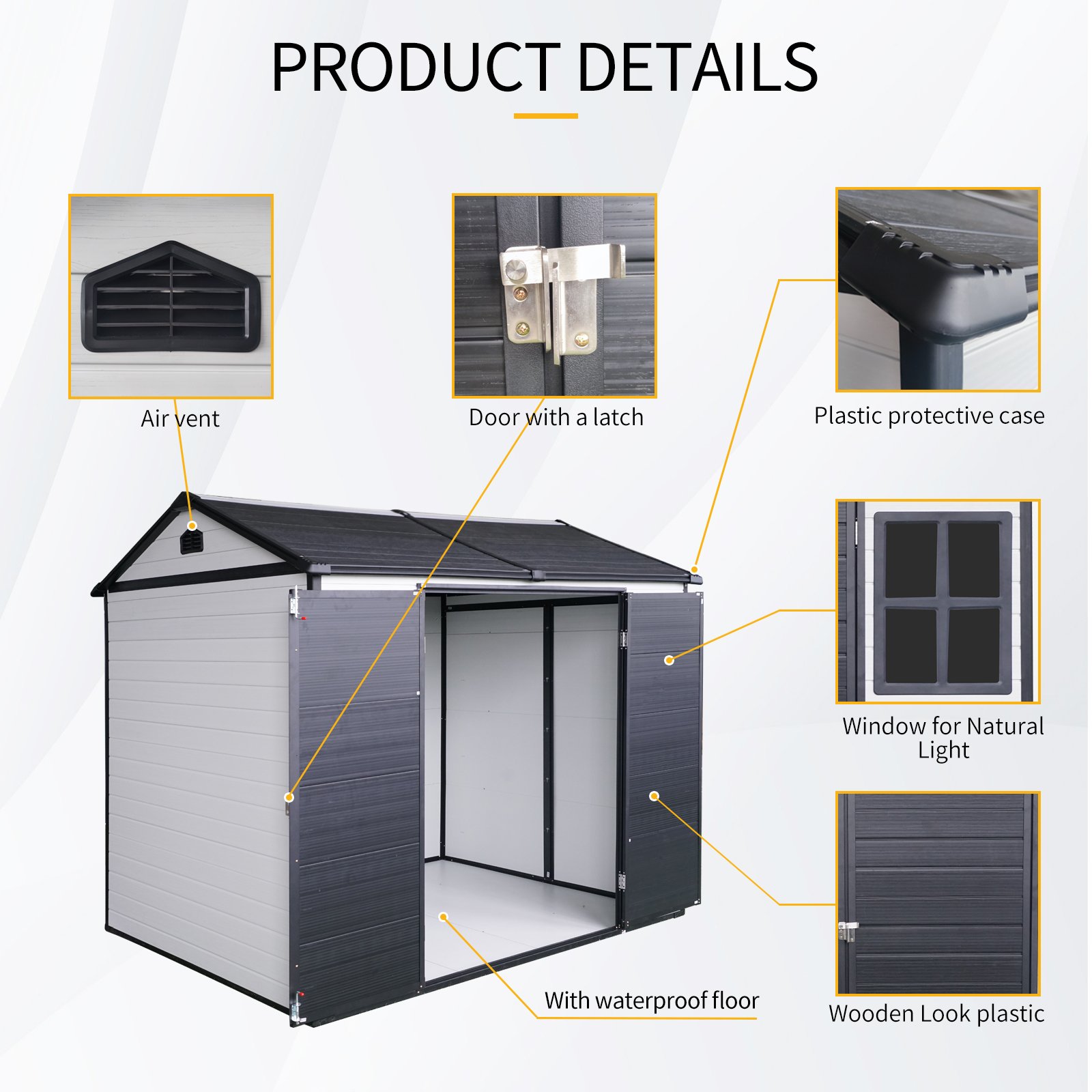 8 X 6 Ft Resin Outdoor Storage Shed Waterproof Shed With Floor & Two Windows & Lockable Door, Tool Shed For Garden, Patio, Backyard - Gray / White - Image 4
