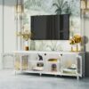 StylishTVcabinet, Entertainment CenterTV Stand, TVconsoletable, Media Console, Solidwood Frame, Changhong Glass Door, Metal Handle - Antique White - Image 6