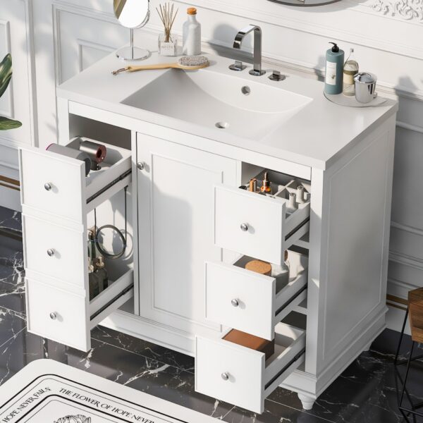 Contemporary Bathroom Vanity Cabinet, 4 Drawers & 1 Cabinet Door, Multipurpose Storage, Resin Integrated Sink, Adjustable Shelves, Solid Wood Frame With MDF - White
