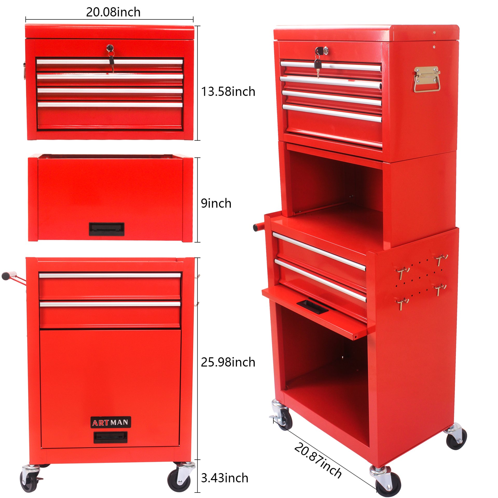 6 Drawer Lockable Tool Cabinet On Wheels Steel Rolling Tool Chest With Detachable Toolbox, 2 In 1 Garage Workshop Storage Organizer With 4 Universal Casters - Red - Image 9