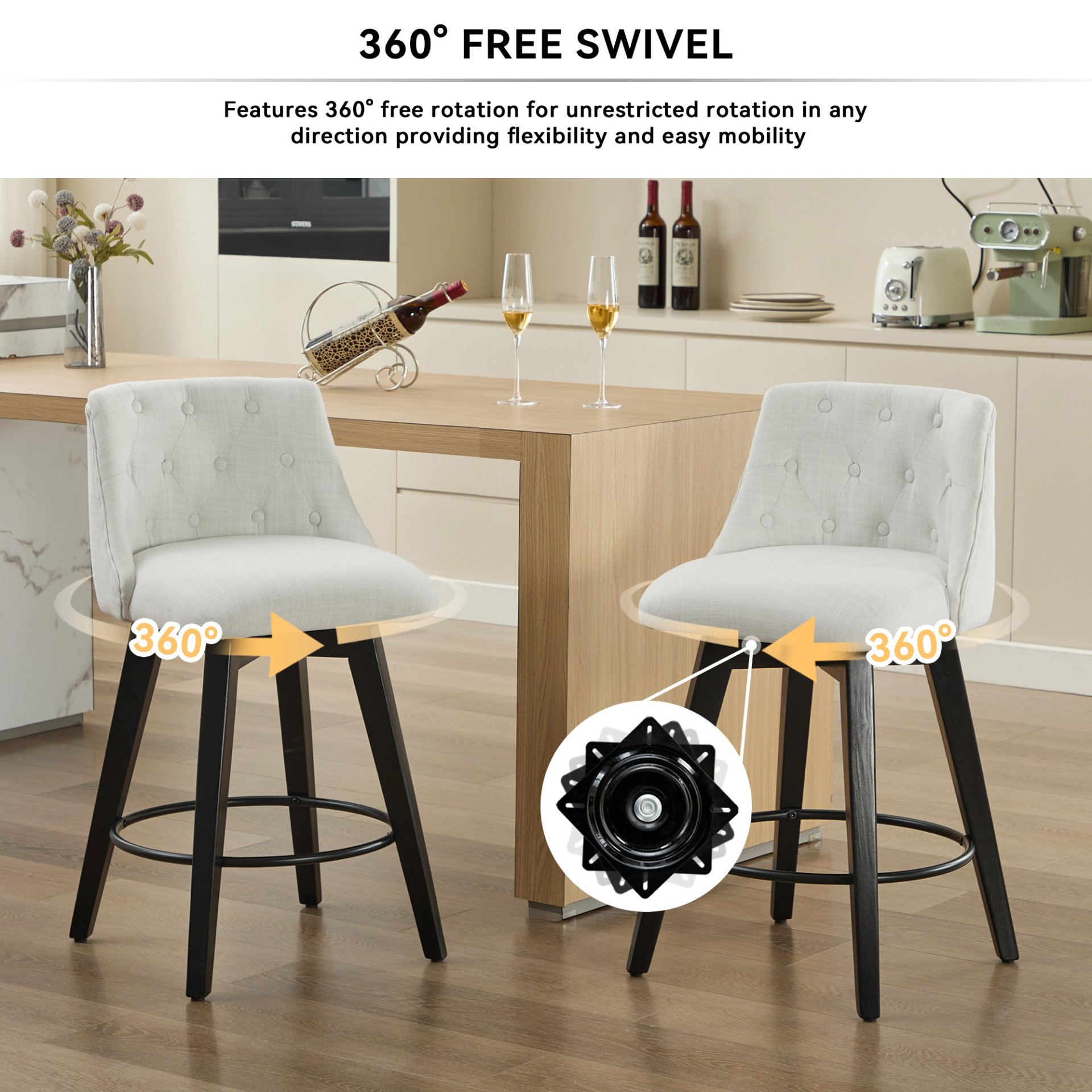 Swivel Bar Stools (Set of 2) Modern Counter Height Stools With Linen Upholstery & Button Tufted Back For Kitchen Island, Breakfast Bar Or Home Pub - White - Image 4