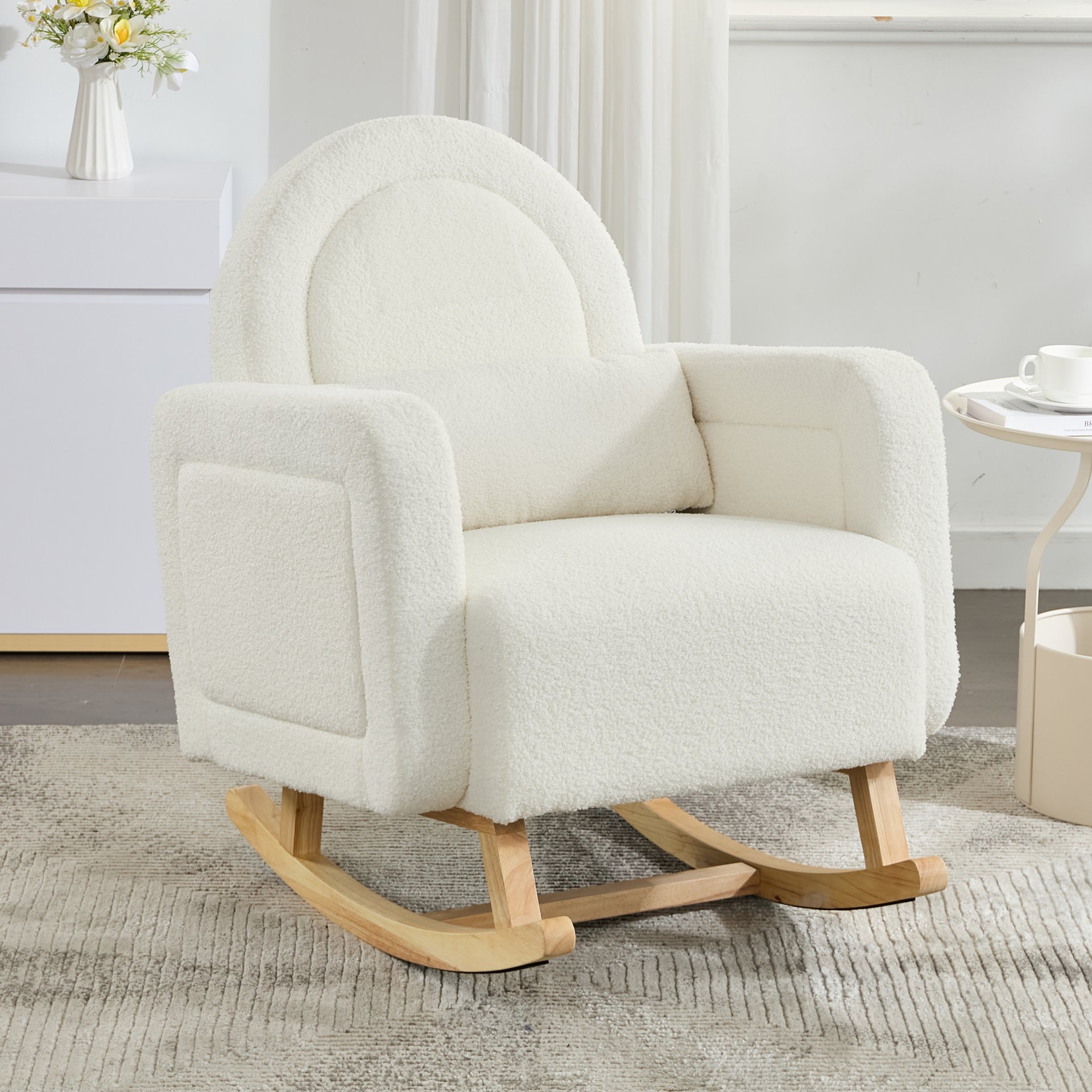 Accent Rocking Chair With Curved Back & Pillow, Base, Ultimate Comfort For Living Room Or Nursery - Cream White - Image 9