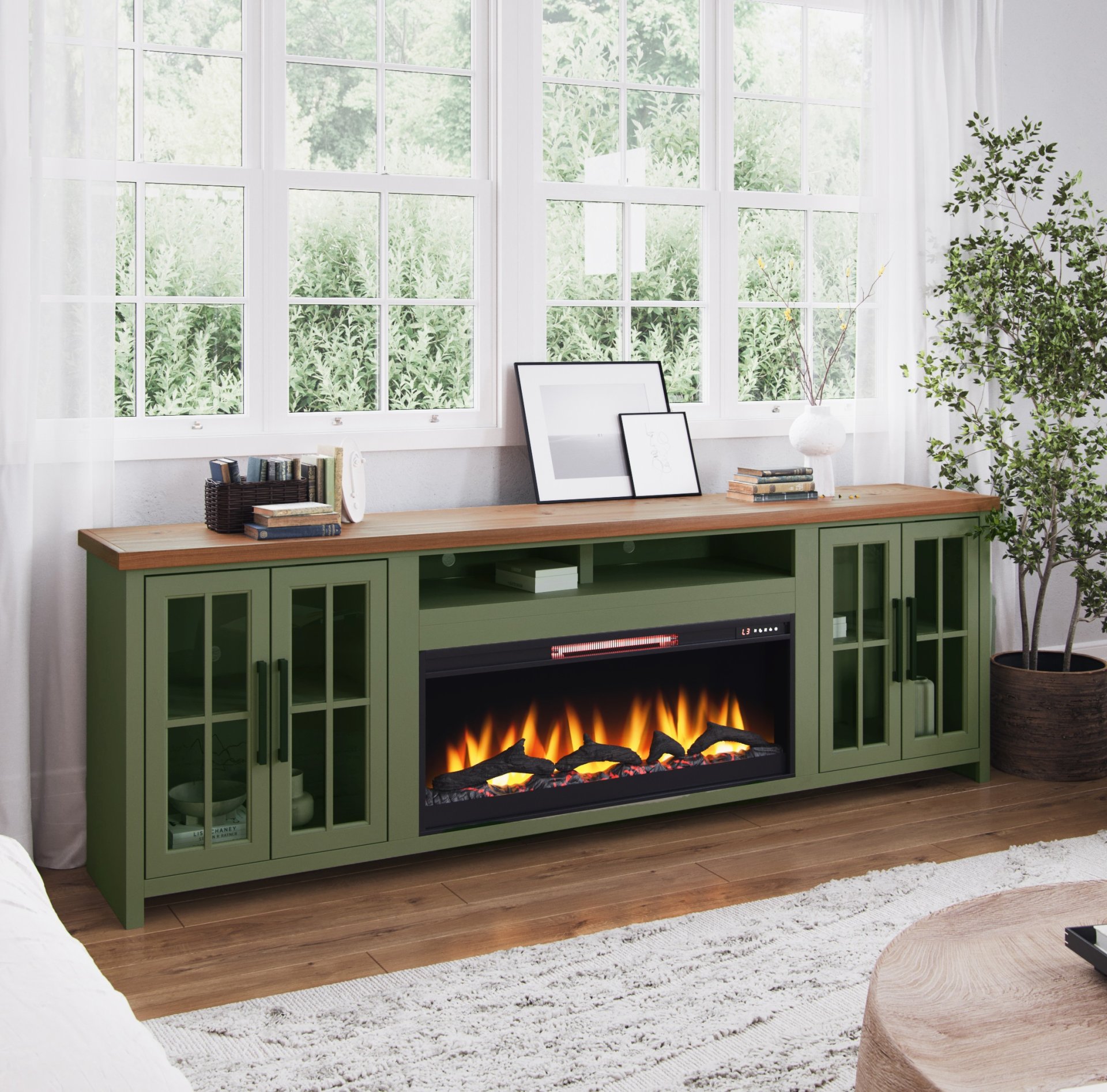 Vineyard - 97" Fireplace TV Stand Console For TVs Up To 100" - Sage Green And Fruitwood Finish - Image 5