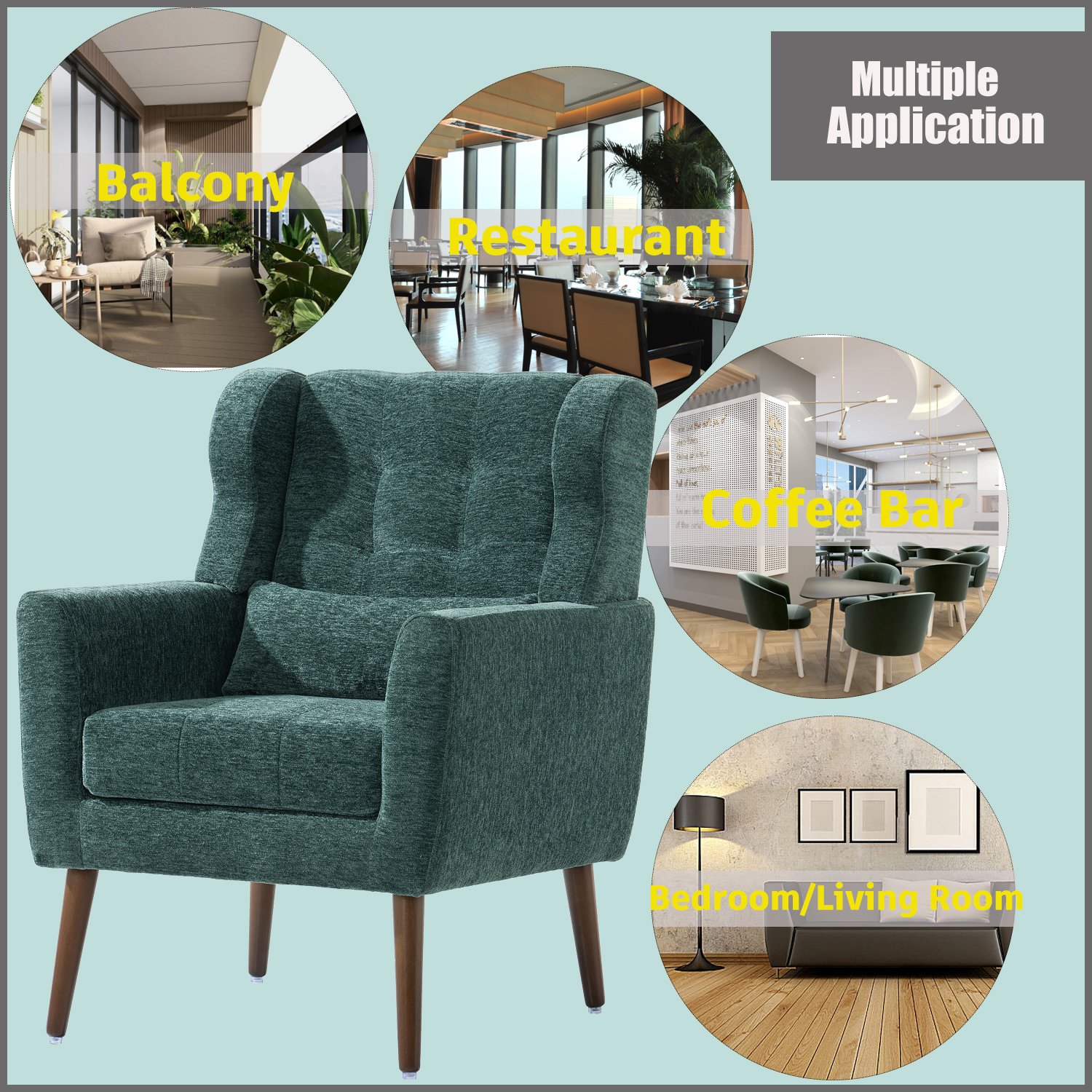 Modern Accent Chair, Chenille Arm Chairs For Living Room, Upholstered Mordern Armchair, Comfy Soft Padded Lounge Chair In Small Space, Bedroom, With Pillow, Solid Wood Leg - Blackish Green - Image 5