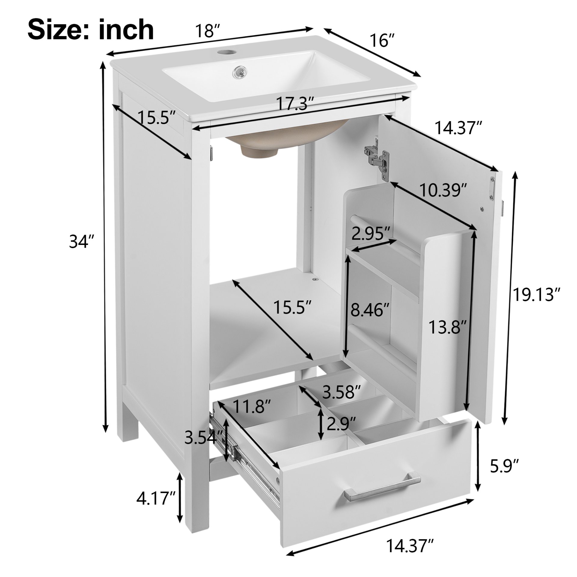 18" Bathroom Vanity With Sink, Soft Close Drawers, Door Organizer, Divider Drawer, Adjustable Foot Pads - White - Image 4