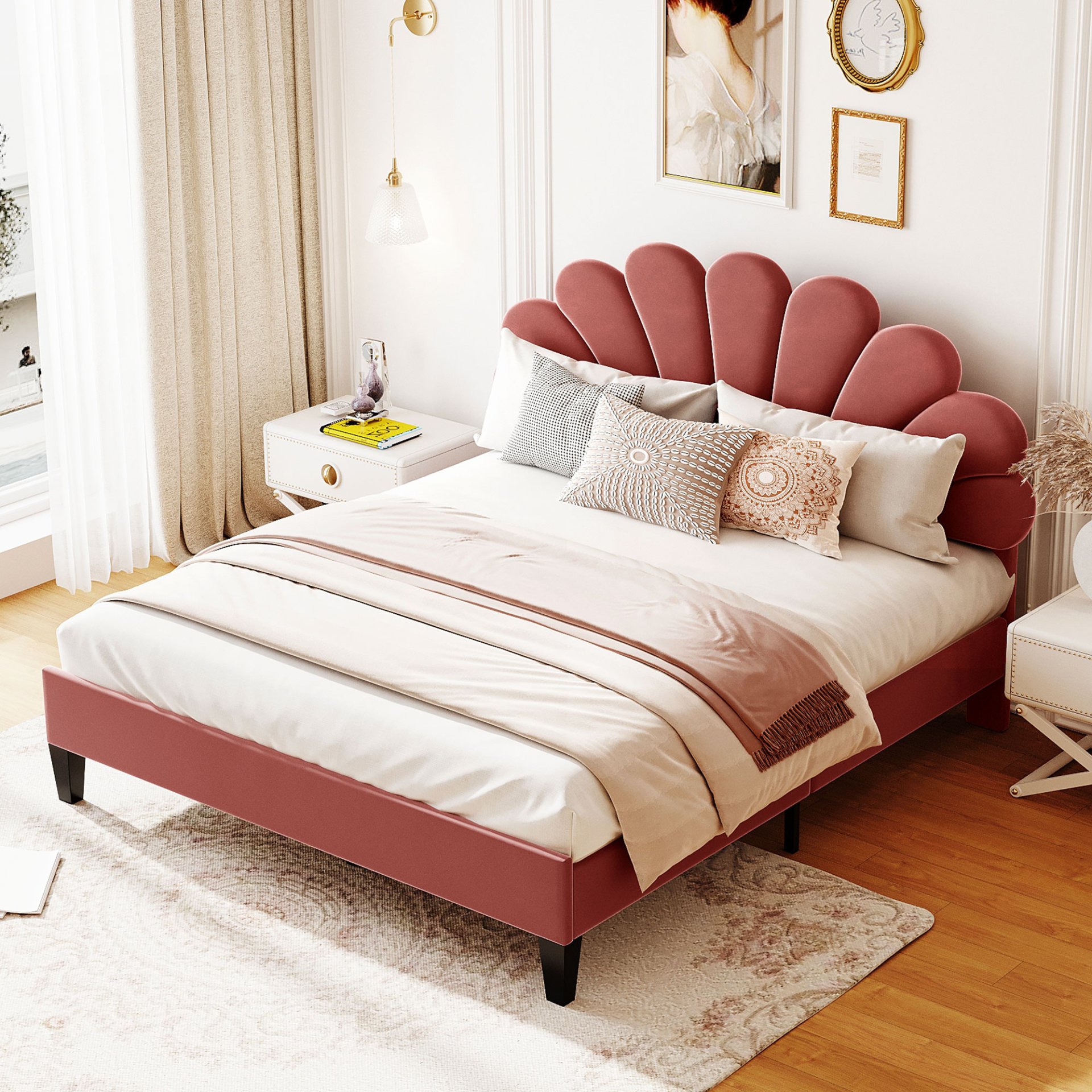 Queen Size Upholstered Platform Bed With Flower Pattern Headboard - Bean Paste Red - Image 2