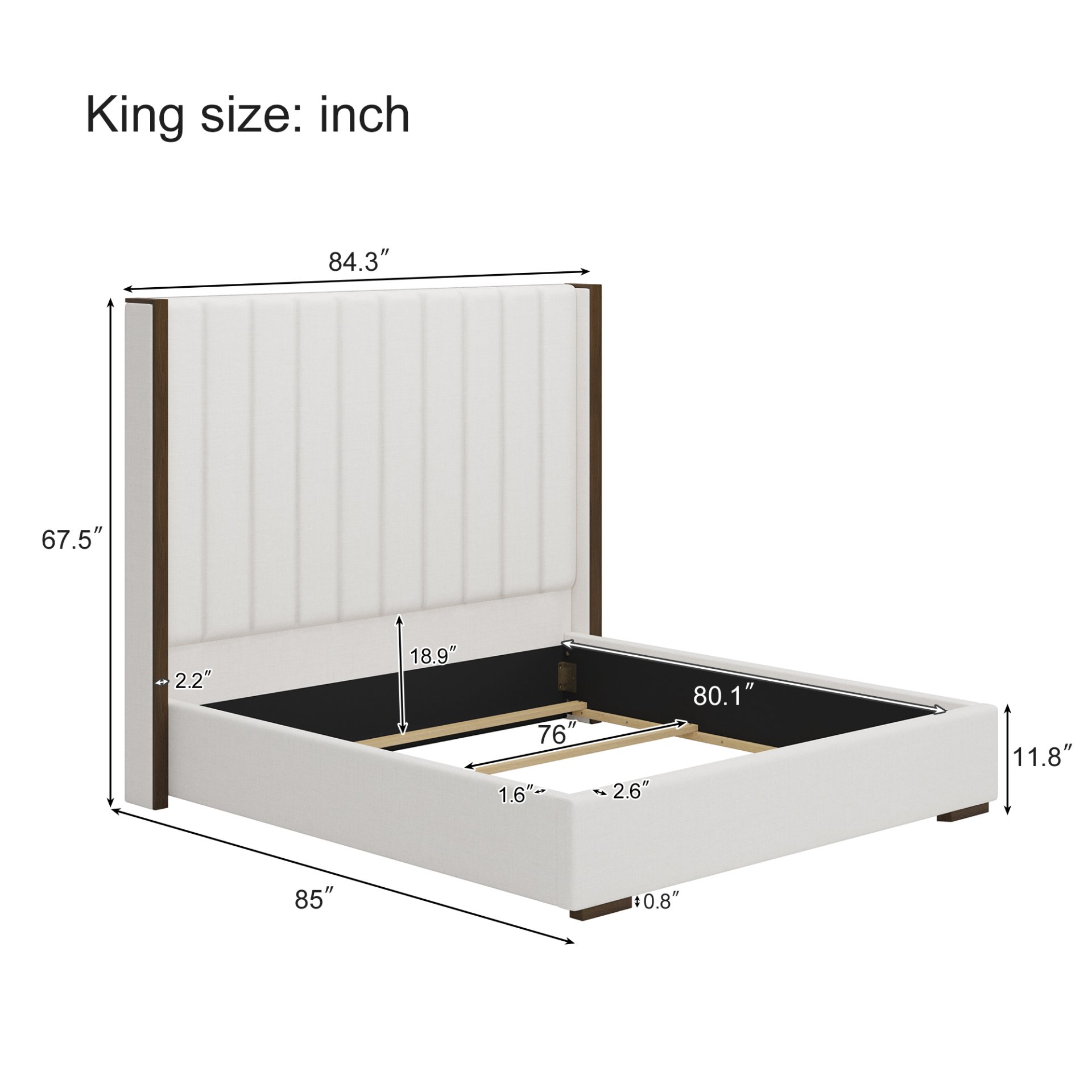 Tall Headboard Upholstered King Size Bed With Vertical Striped And Wingback Design, Box Spring Needed, Linen - Beige - Image 3