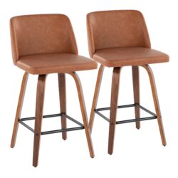 Toriano - Contemporary Fixed Height Counter Stool With Swivel With Square Footrest (Set of 2) - Walnut / Camel