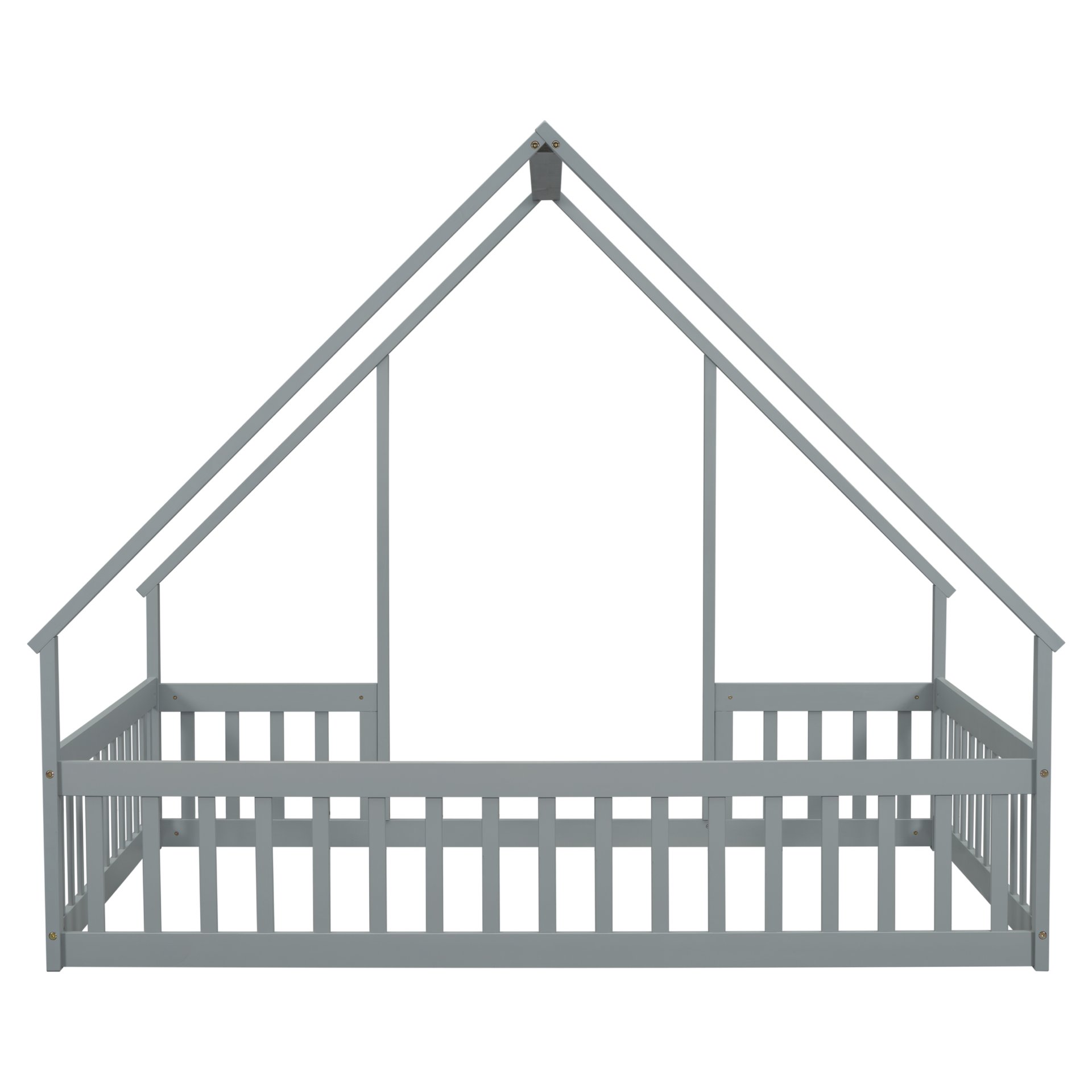 Full Wood House-Shaped Floor Bed With Fence, Guardrails - Gray - Image 16