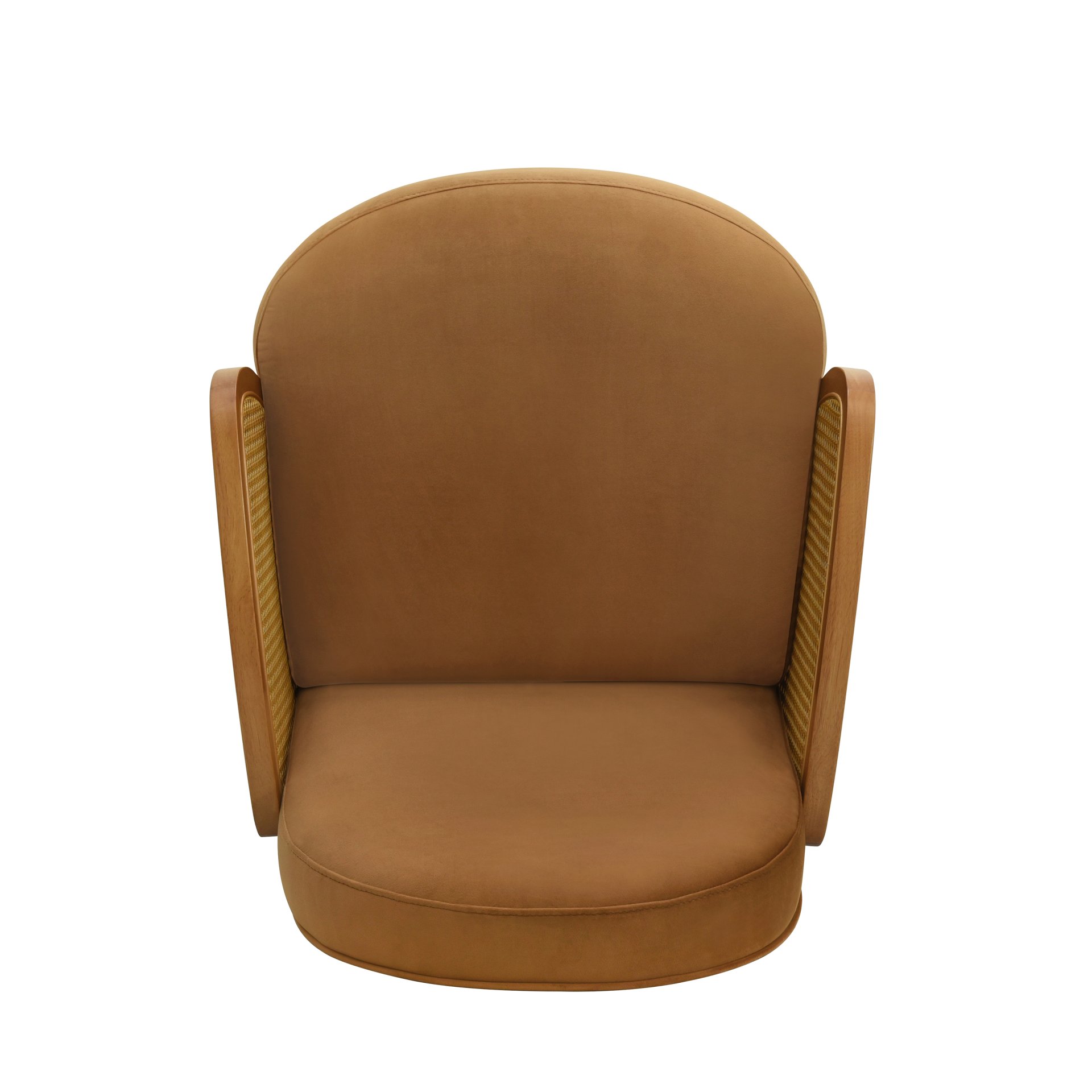 Mid Century Accent Chair With Rattan Armrests And Wooden Legs Velvet For Living Room, Bedroom, Or Balcony - Brown - Image 11