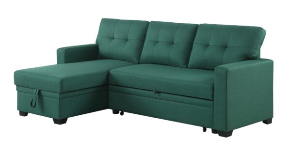 Upholstered Pull Out Sectional Sofa With Chaise - Green