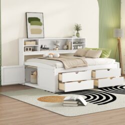 Full Size Daybed With 2 Bedside Cabinets, Upper Shelves And 4 Drawers - White
