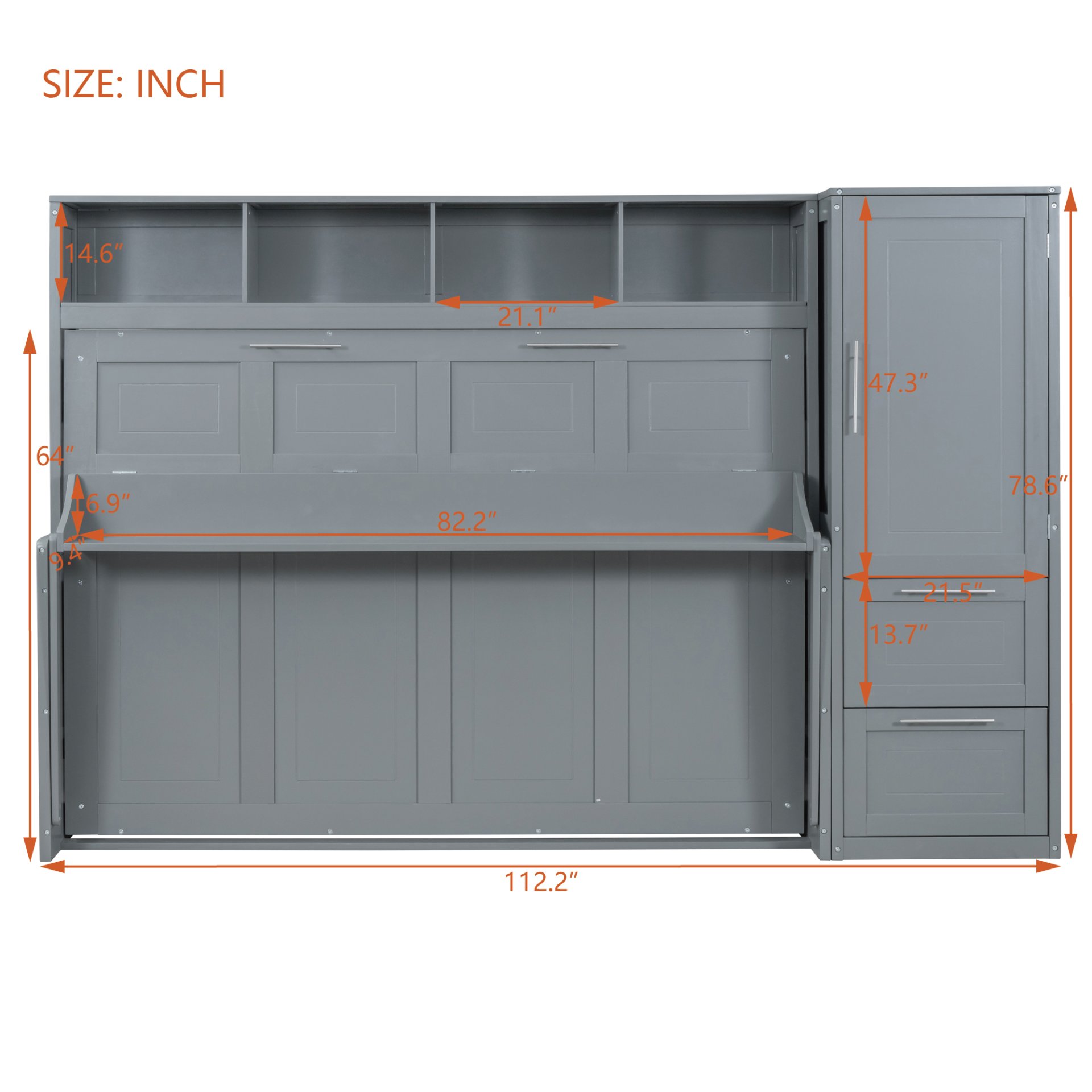 Queen Size Murphy Wall Bed With Closet And Drawers - Gray - Image 8