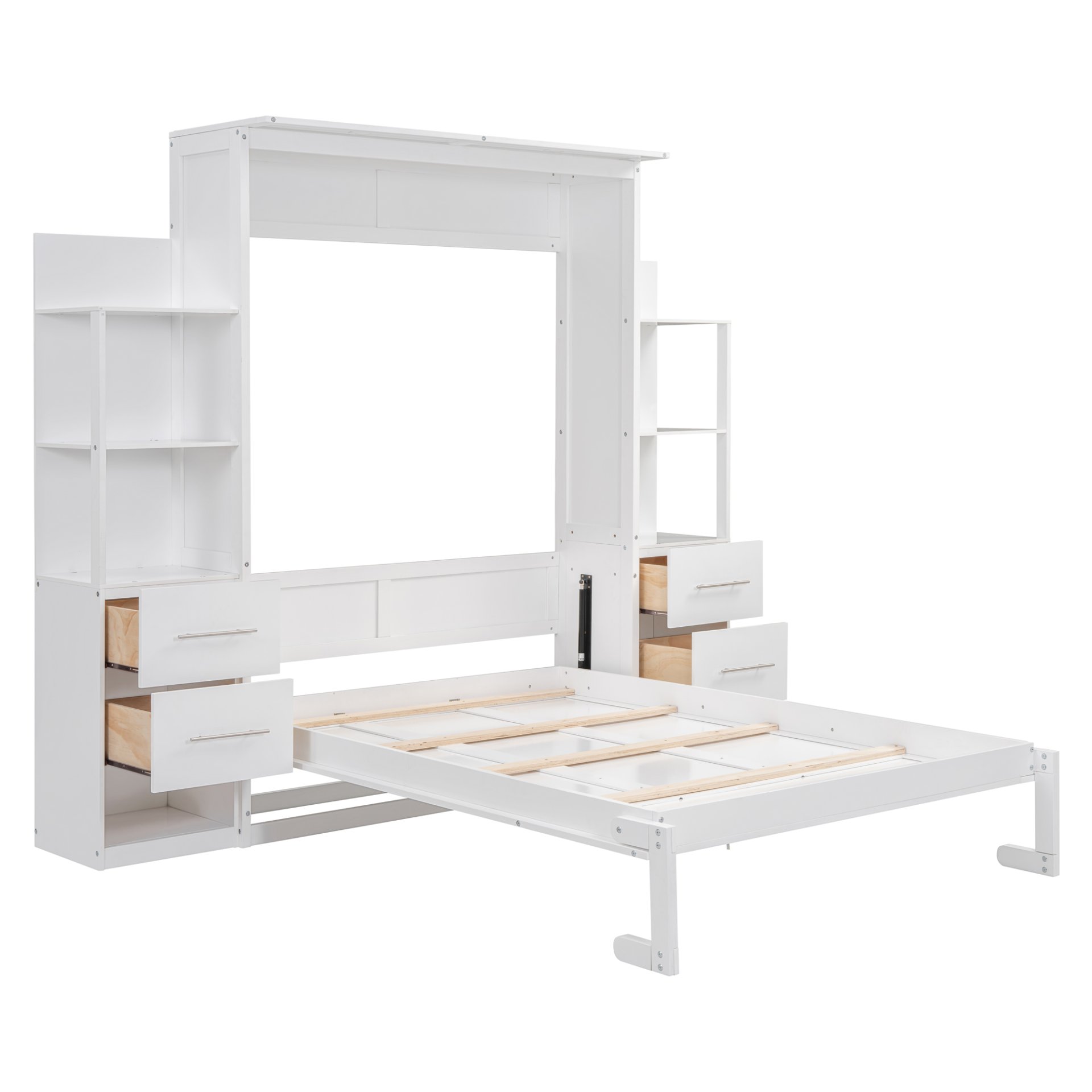 Full Size Murphy Wall Bed With Shelves, Drawers And LED Lights - White - Image 5