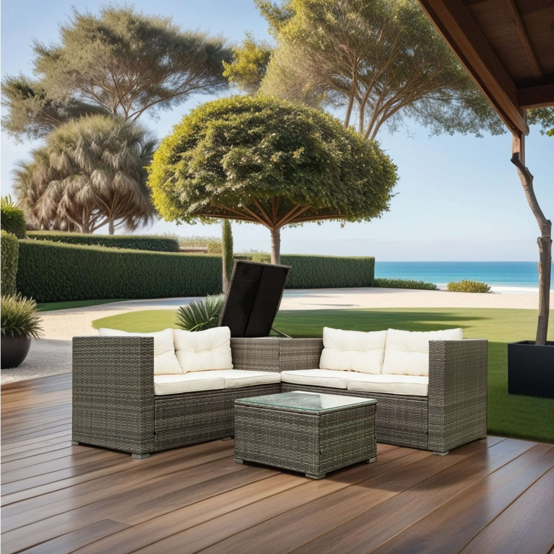 4 Piece Patio Sectional Wicker Rattan Outdoor Furniture Sof Set With Storage Box - Gray / Creme - Image 7