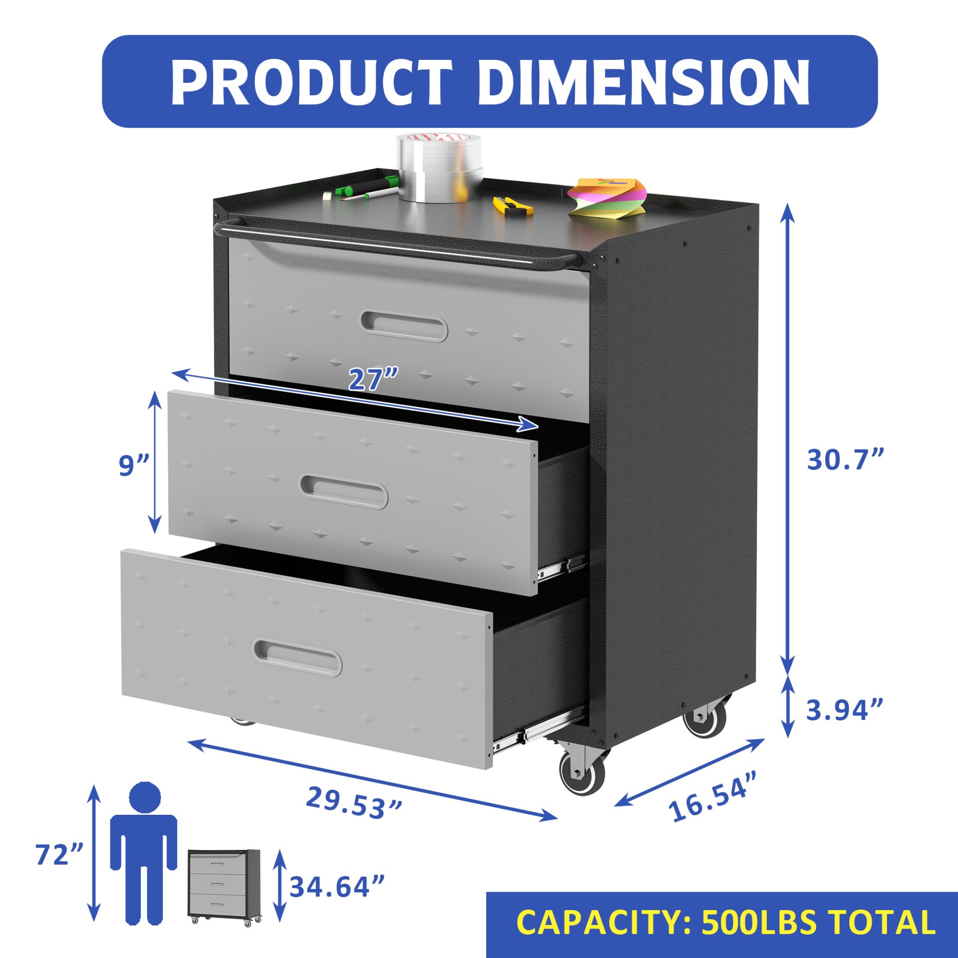 Heavy Duty Metal Storage Cabinet With Wheels 3 Drawer Tool Cabinet For Garage, Office, And Home Organizer Solutions - Black - Image 3
