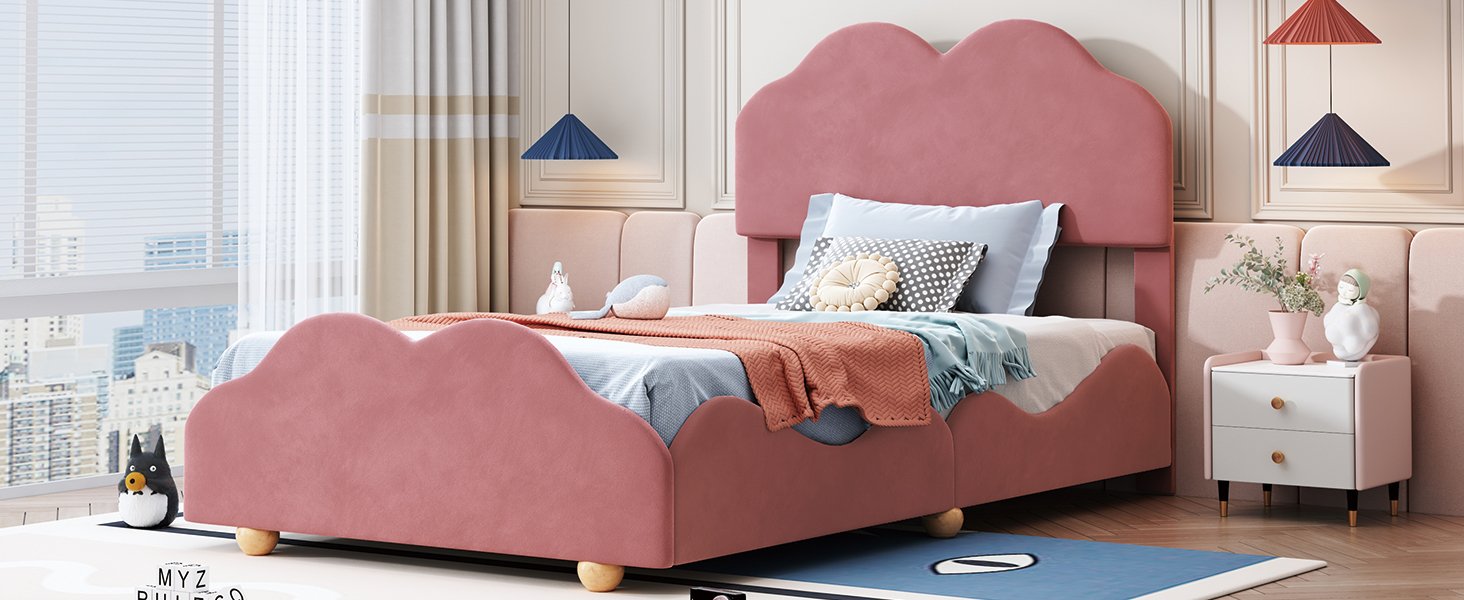 Twin Size Upholstered Platform Bed With Cloud Shaped Board - Dark Pink - Image 13