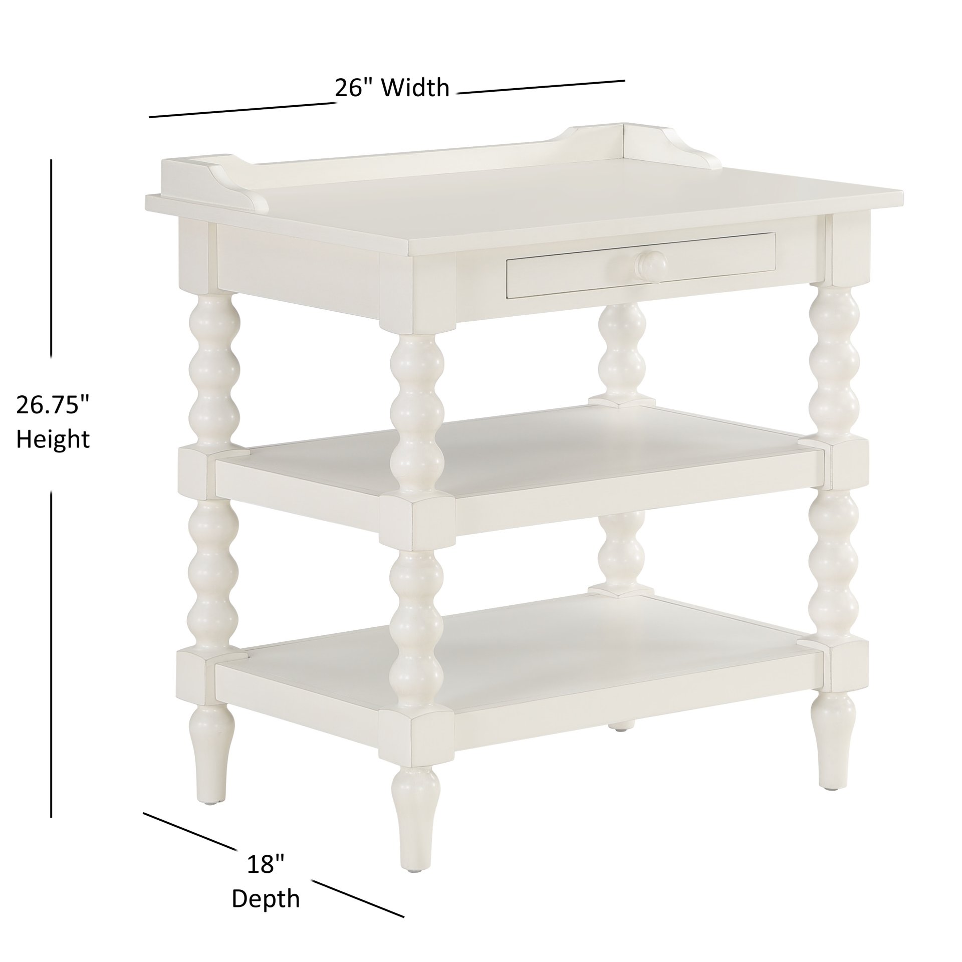 Aria - Nightstand With Styling, 2 Shelves, Pull Out Tray, Spool Turned Legs - Antique White - Image 3