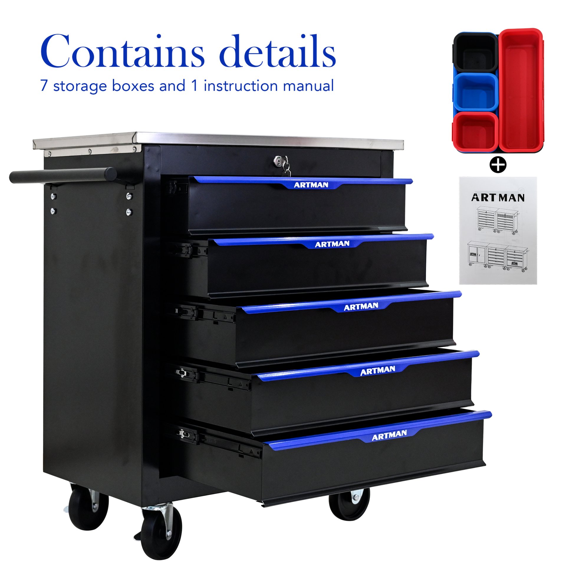 5 Drawer Multifunctional Tool Cart With Wheels - Black / Blue - Image 5
