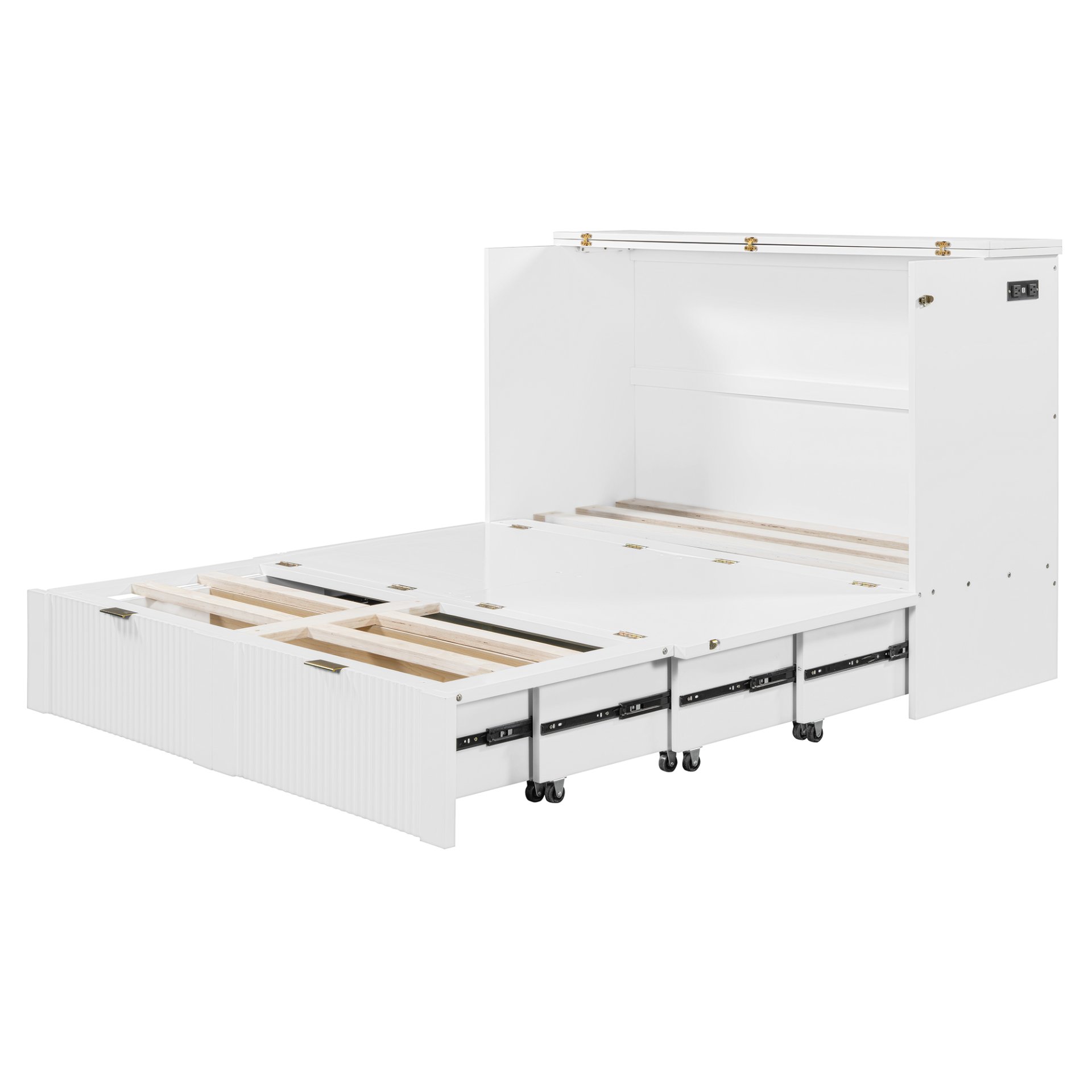 Full Size Murphy Bed With Drawer And A Set Of Sockets & USB Ports, Pulley Structure Design - White - Image 14