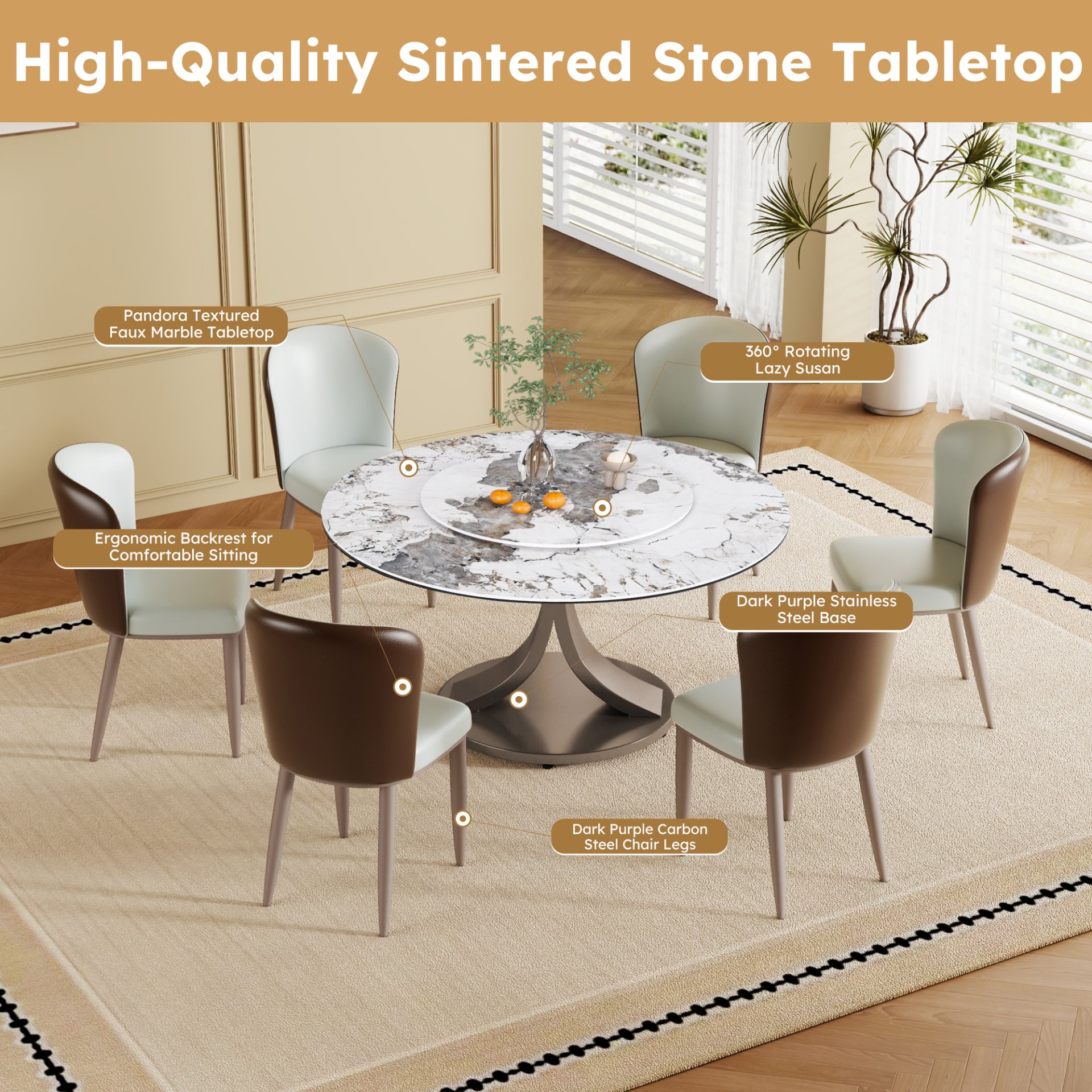Round Dining Table With 360° Rotating Lazy Susan Top For Dining Room & Kitchen, 8 Chairs - White - Image 6