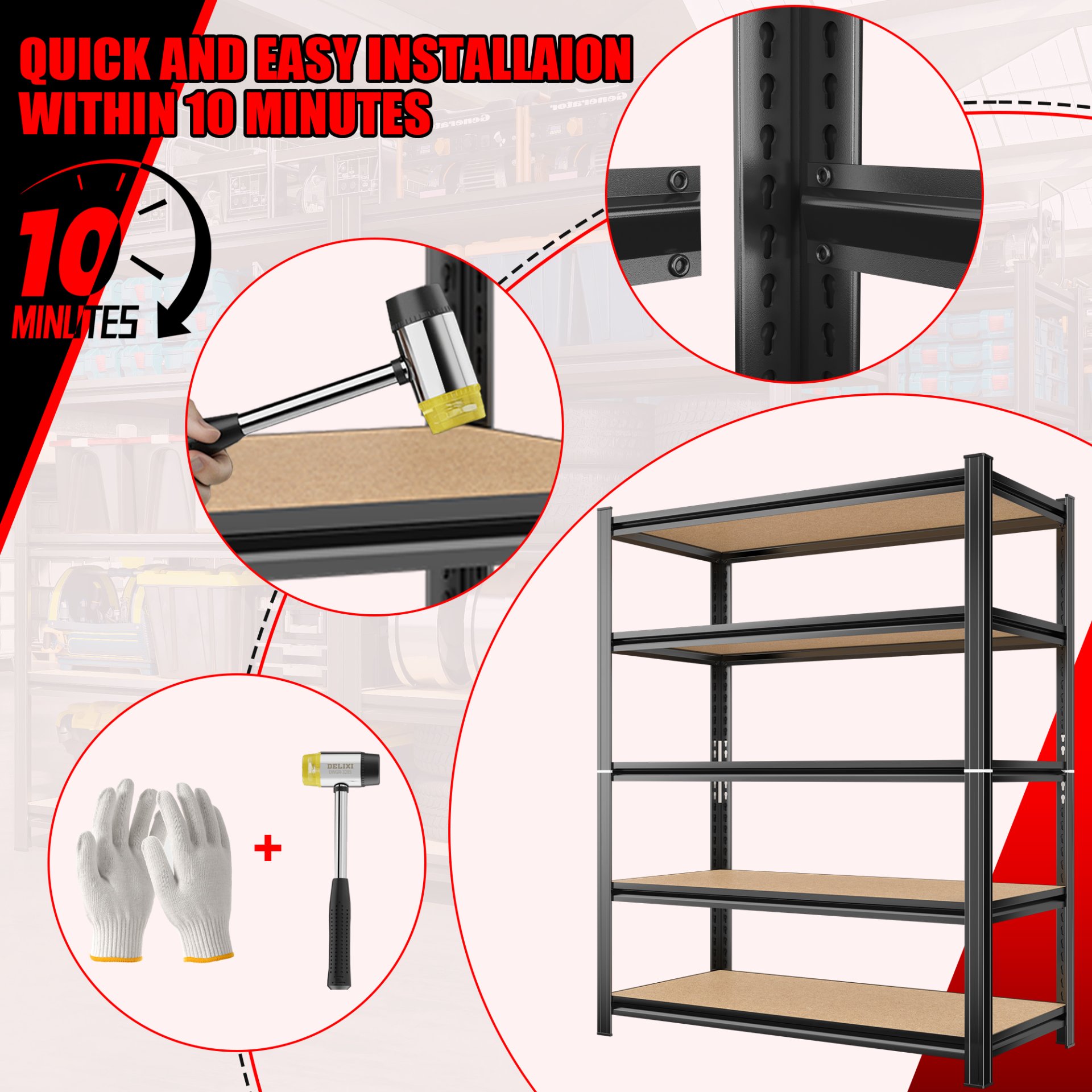 5 Tier Storage Rack, Adjustable Height Shelving, Warehouse Supermarket Basement Storage - Black - Image 7