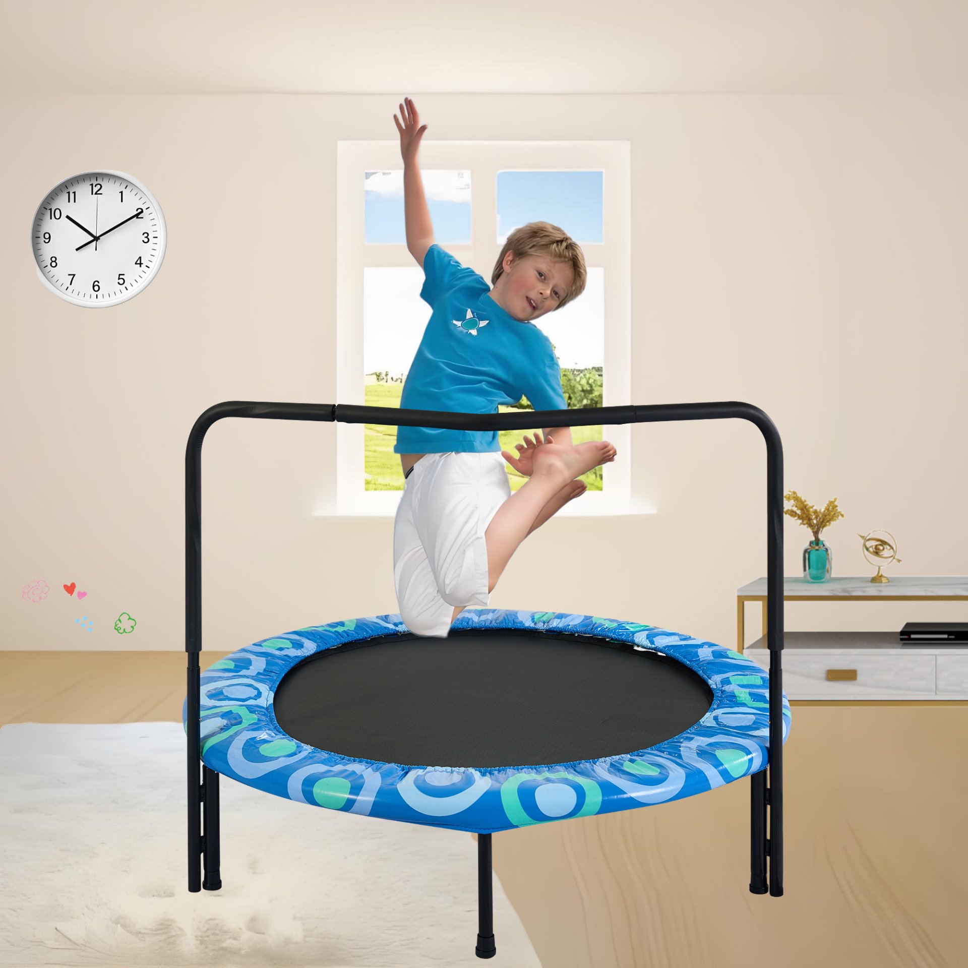 Joy Children's Trampoline With Handrails For Indoor And Outdoor Fun - Blue - Image 2