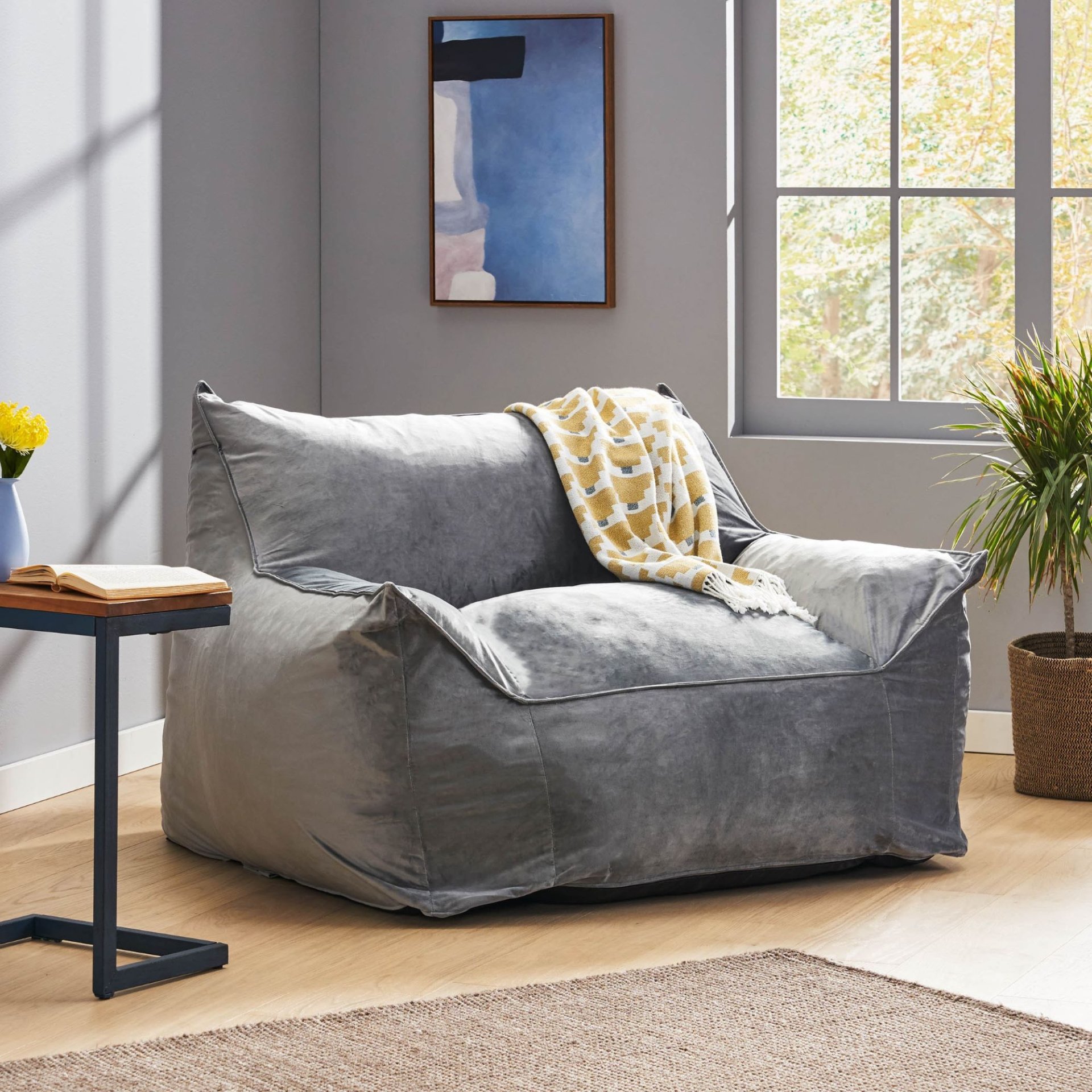 Allea - Velveteen Bean Bag Chair With Armrests - Soft Gray - Image 2