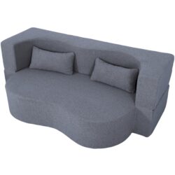 2 In 1 Convertible Sofa Bed, Full Size Folding Loveseat Couch With Soft Teddy Fabric, Floor Sofa Mattress With 2 Pillows, Space Saving Futon For Small Living Room, Dorm - Gray