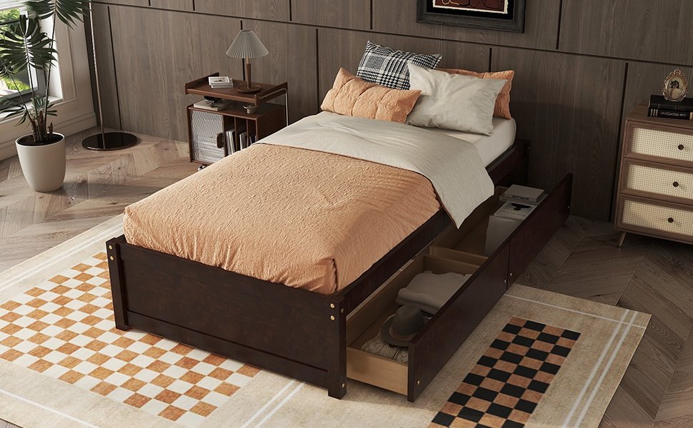 Twin Bed With 2 Drawers, Solid Wood, No Box Spring Needed - Espresso - Image 4