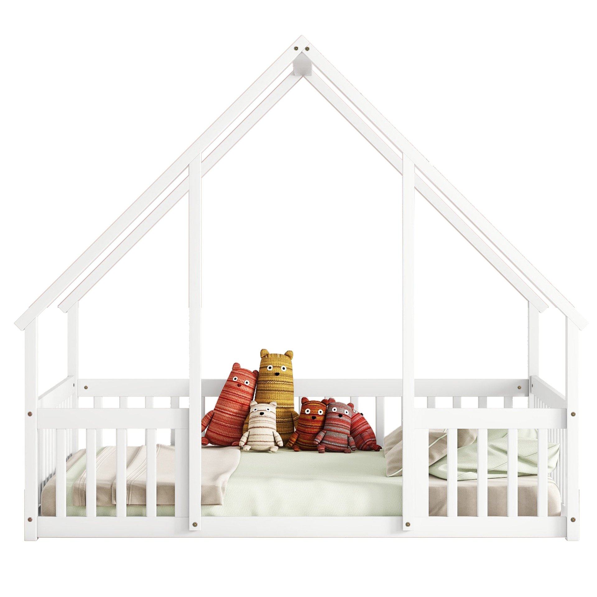 Full Wood House-Shaped Floor Bed With Fence, Guardrails - White - Image 13