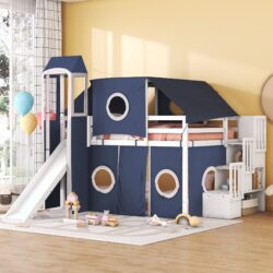 Full Size Loft Bed With Tent And Tower - Blue