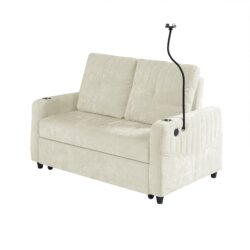 Modern Loveseat Pull Out Sofa Bed With Adjustable Backrest, Two Cup Holders, A Phone Holder, Three Charging Ports And Side Storage Pockets For Living Room - Beige