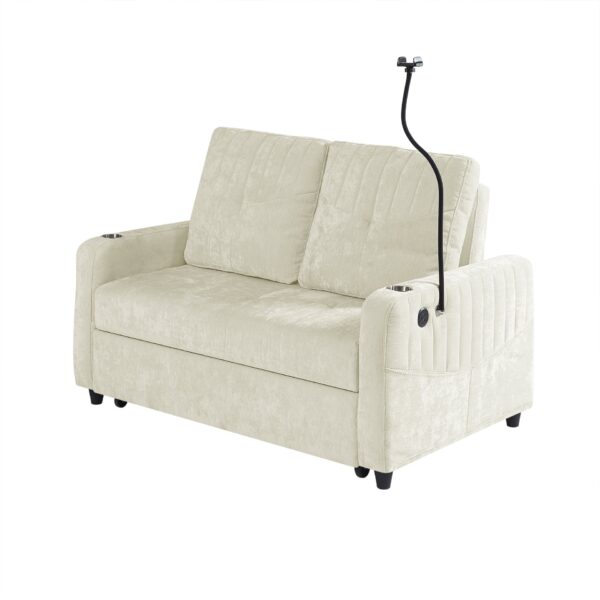 Modern Loveseat Pull Out Sofa Bed With Adjustable Backrest, Two Cup Holders, A Phone Holder, Three Charging Ports And Side Storage Pockets For Living Room - Beige